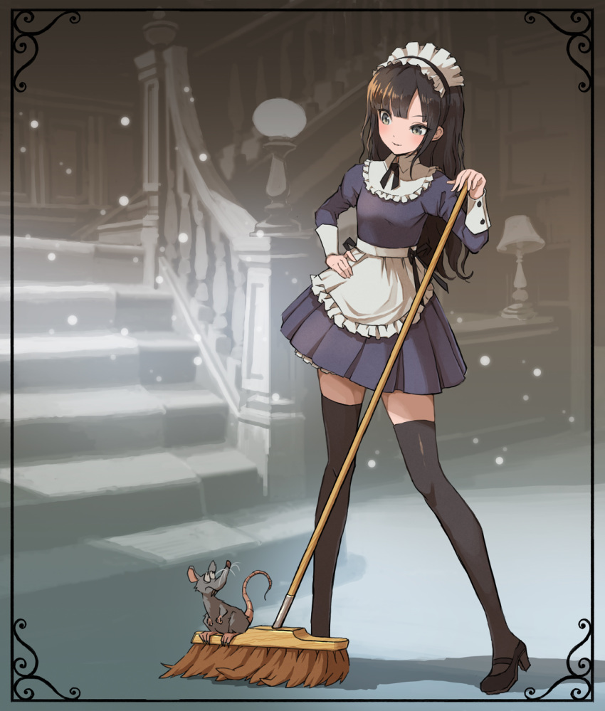 1girl animal apron black_hair black_legwear broom commentary framed_image full_body hand_on_hip highres indoors long_hair maid maid_apron maid_headdress mouse original thigh-highs ume_(illegal_bible)