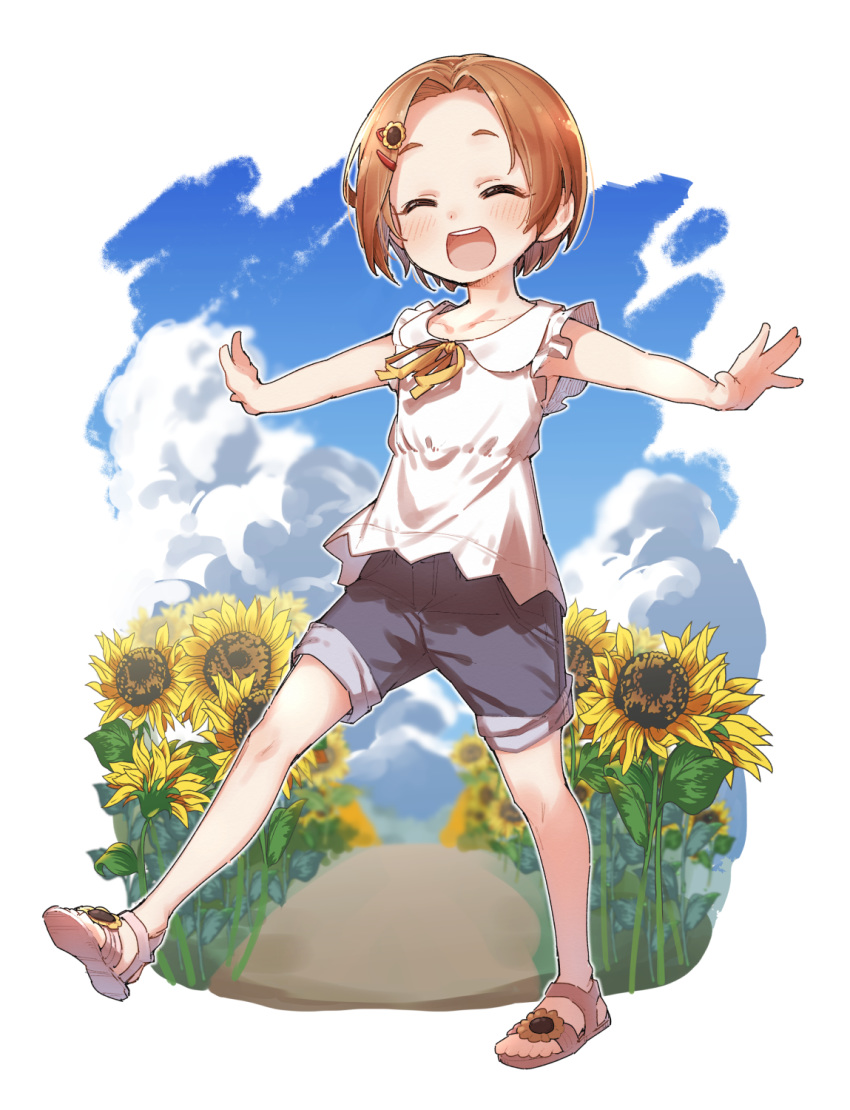 1girl :d ^_^ bangs bare_arms blush brown_footwear brown_hair closed_eyes collared_shirt day facing_viewer field flower flower_field forehead full_body grey_shorts hair_flower hair_ornament hairclip highres idolmaster idolmaster_cinderella_girls neck_ribbon open_mouth outstretched_arms parted_bangs ribbon ryuuzaki_kaoru sandals shirt short_hair short_shorts shorts sleeveless sleeveless_shirt smile solo spread_arms standing standing_on_one_leg sunflower sunflower_hair_ornament white_shirt yellow_flower yellow_ribbon yukie_(kusaka_shi)