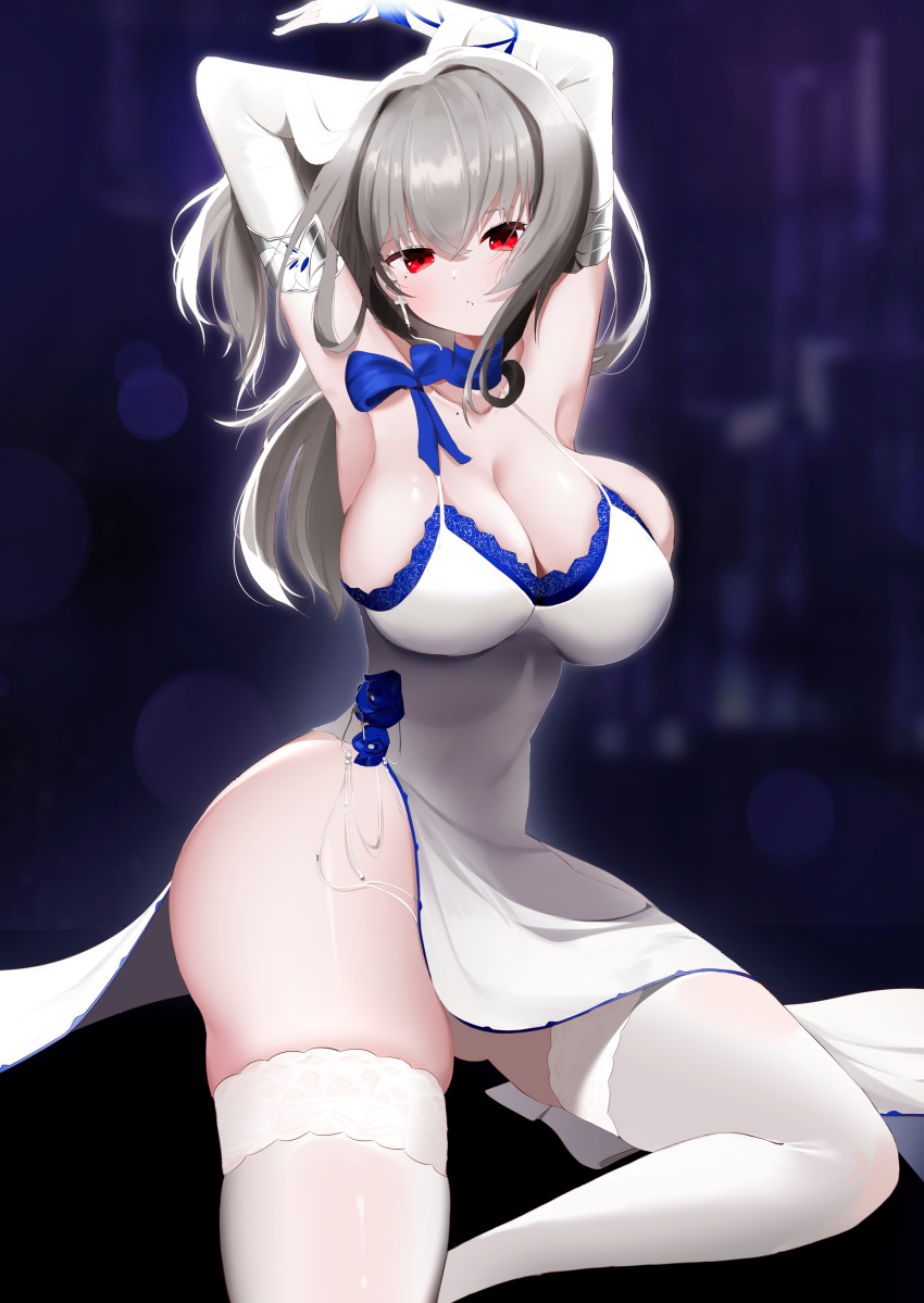 1girl 25l absurdres armpits ass azur_lane bare_shoulders blue_bow bow breasts cross cross_earrings dress earrings elbow_gloves evening_gown fingerless_gloves gloves grey_hair hands_up highres jewelry large_breasts looking_at_viewer no_bra no_panties red_eyes saint-louis_(azur_lane) saint-louis_(brilliant_paladin)_(azur_lane) side_slit skindentation sleeveless sleeveless_dress solo thigh-highs white_gloves white_legwear