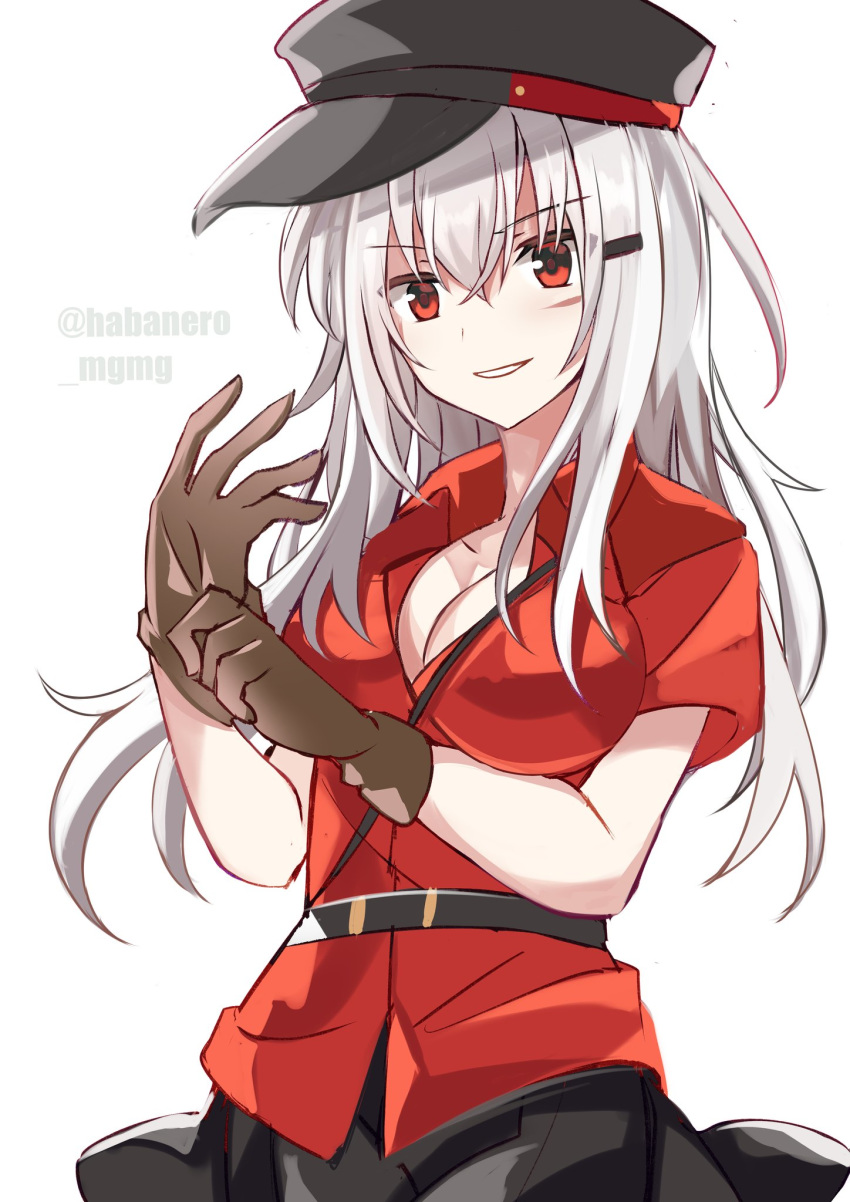 1girl black_headwear black_skirt brown_gloves cowboy_shot facial_scar fathom gangut_(kantai_collection) gloves grey_hair hat highres kantai_collection long_hair looking_at_viewer peaked_cap red_eyes red_shirt remodel_(kantai_collection) scar scar_on_cheek shirt short_sleeves simple_background skirt solo twitter_username white_background