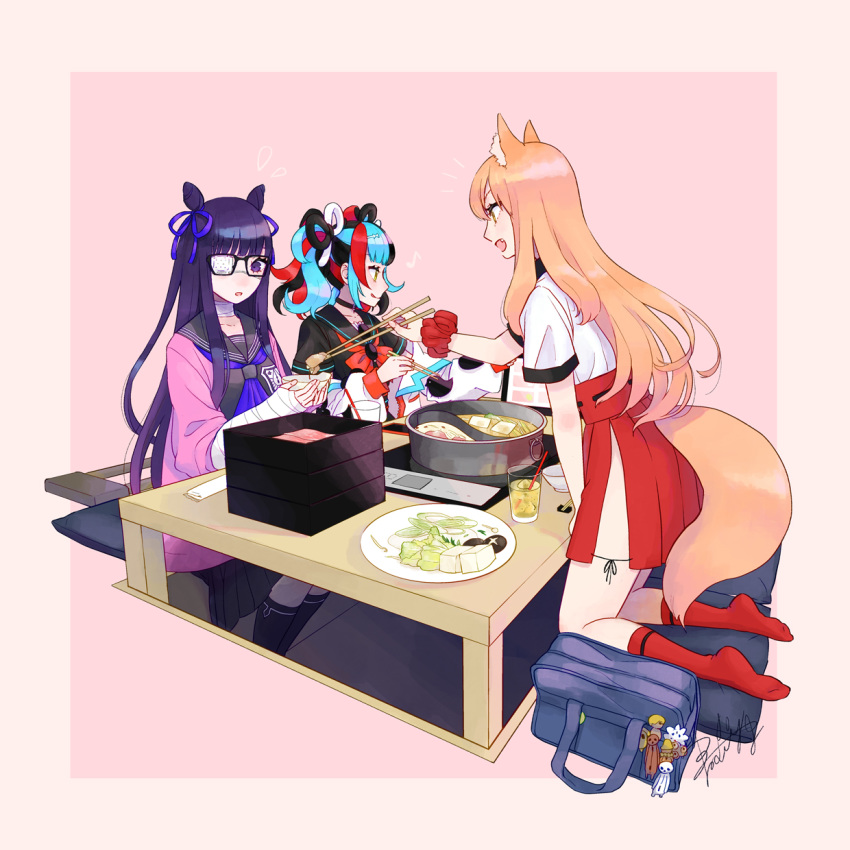 3girls 7meill animal_ear_fluff animal_ears bag bandage_over_one_eye bandaged_arm bandages black_hair blonde_hair blue_hair blue_neckwear chopsticks commentary_request cushion drinking_straw eating fate/grand_order fate_(series) fox_ears fox_girl fox_tail glass glasses highres jacket licking_lips long_hair looking_at_another multicolored_hair multiple_girls murasaki_shikibu_(fate) murasaki_shikibu_(swimsuit_rider)_(fate) nabe neck_ribbon neckerchief obentou open_clothes open_jacket pink_jacket plate pleated_skirt purple_hair red_footwear red_neckwear red_skirt redhead ribbon school_bag school_uniform sei_shounagon_(fate) serafuku short_hair side_slit sitting skirt socks streaked_hair suzuka_gozen_(fate) table tail tongue tongue_out very_long_hair violet_eyes wooden_table yellow_eyes