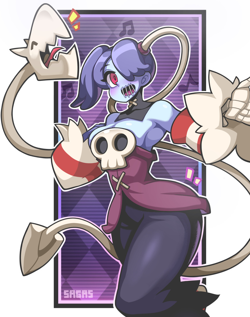 1girl absurdres asymmetrical_hair bare_shoulders black_neckwear blue_hair blue_skin breasts checkered creator_connection creature detached_sleeves hair_over_one_eye highres leviathan_(skullgirls) medium_breasts musical_note neckwear open_mouth red_eyes sagas293 skeletal_arm skullgirls smile squigly_(skullgirls) stitched_mouth stitches striped striped_sleeves tongue white_background zombie