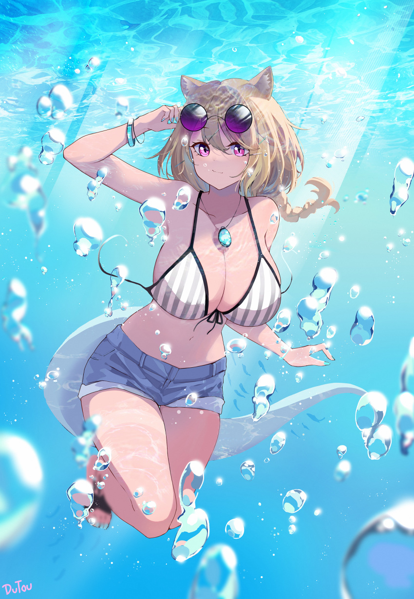 1girl absurdres air_bubble animal_ears aqua_nails arknights arm_up bangs bikini blue_shorts bracelet braid breasts brown_hair bubble commentary_request dutou eyewear_on_head hair_between_eyes highres jewelry large_breasts long_hair looking_at_viewer nail_polish navel partial_commentary pendant short_shorts shorts solo stomach sunglasses swimsuit tail thighs underwater utage_(arknights) violet_eyes