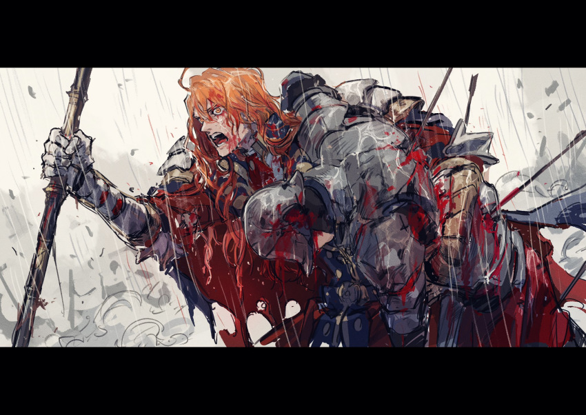 2boys arm_around_back armor arrow_(projectile) arrow_in_body bleeding blood blood_on_face bloody_clothes breastplate cape facing_away ferdinand_von_aegir fire_emblem fire_emblem:_three_houses gauntlets helmet highres holding holding_spear holding_weapon letterboxed long_hair looking_away male_focus multiple_boys ogata_tomio open_mouth orange_eyes orange_hair polearm rain red_cape shoulder_armor sketch spaulders spear support upper_body weapon wet