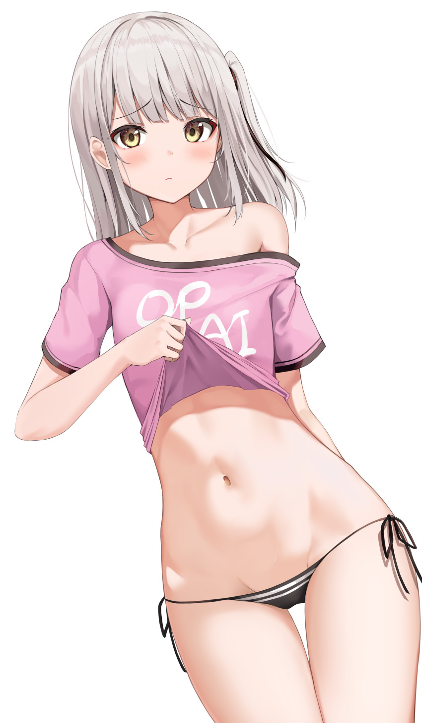1girl absurdres apple_ringo bare_shoulders black_panties clothes_writing collarbone cowboy_shot crop_top frown groin highres lifted_by_self long_hair looking_at_viewer navel no_pants off_shoulder one_side_up original panties pink_shirt shirt shirt_lift short_sleeves side-tie_panties silver_hair simple_background solo stomach string_panties t-shirt thigh_gap thighs underwear white_background yellow_eyes