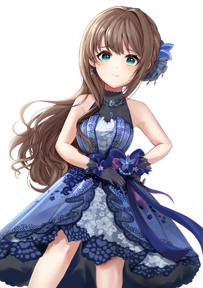 1girl absurdres bangs bare_arms bare_shoulders black_gloves blue_bow blue_dress blue_ribbon blush bow breasts commentary_request cowboy_shot dress earrings floral_print gem gloves hair_ornament hand_on_hip highres idolmaster idolmaster_cinderella_girls idolmaster_cinderella_girls_starlight_stage jewelry layered_dress long_hair looking_at_viewer medium_breasts necklace print_dress ribbon shibuya_rin simple_background sleeveless sleeveless_dress smile solo standing white_background zipgaemi