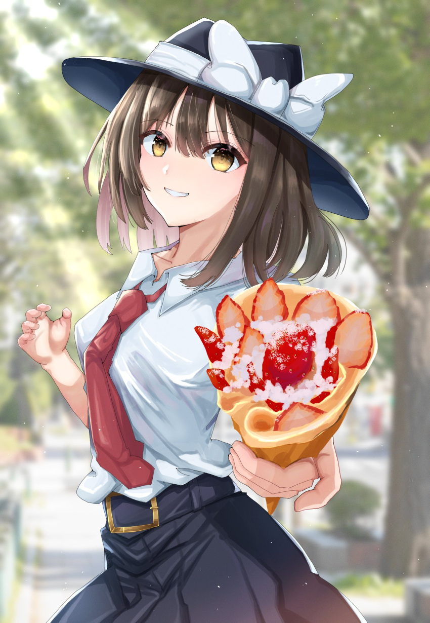 1girl bangs belt belt_buckle black_headwear black_skirt blurry blurry_background blush breasts brown_eyes brown_hair buckle collarbone commentary_request crepe erisauria fedora food grin hat hat_ribbon highres holding holding_food incoming_food large_breasts looking_at_viewer necktie red_necktie ribbon shirt short_hair short_sleeves skirt smile solo touhou usami_renko white_ribbon white_shirt