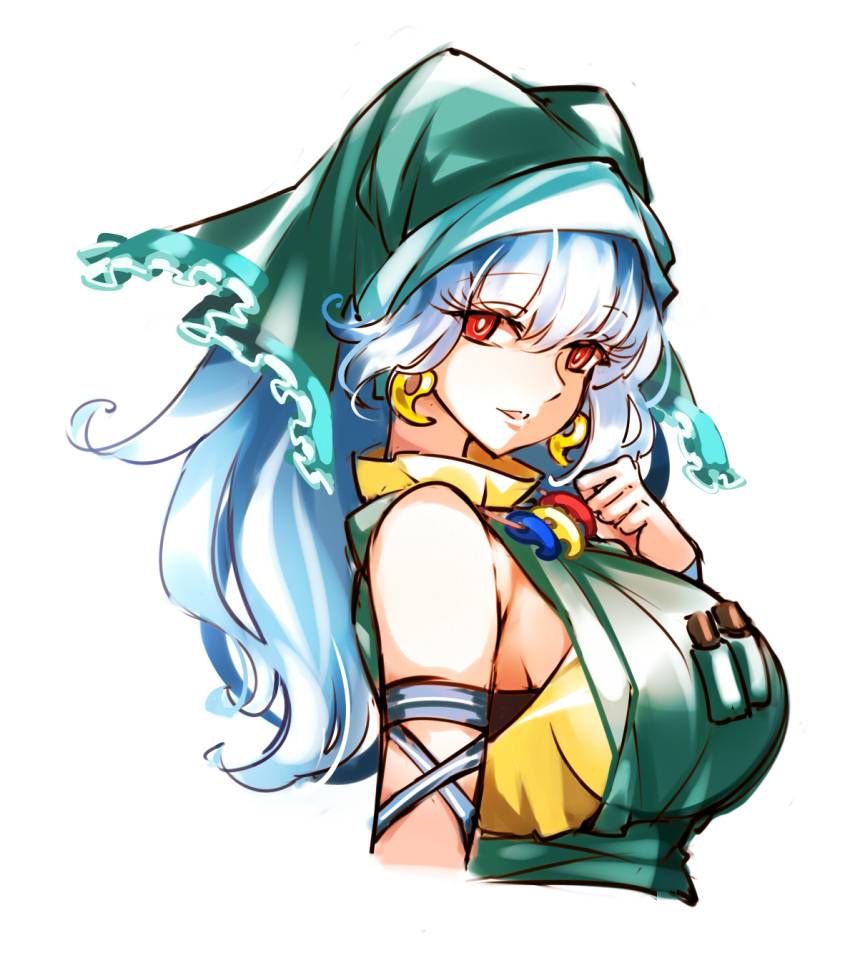 1girl blue_hair breast_pocket breasts earrings eyebrows_visible_through_hair from_side haniyasushin_keiki headdress highres jewelry large_breasts long_hair looking_at_viewer magatama magatama_earrings magatama_necklace open_mouth pocket raptor7 red_eyes shirt sideboob simple_background solo touhou upper_body white_background