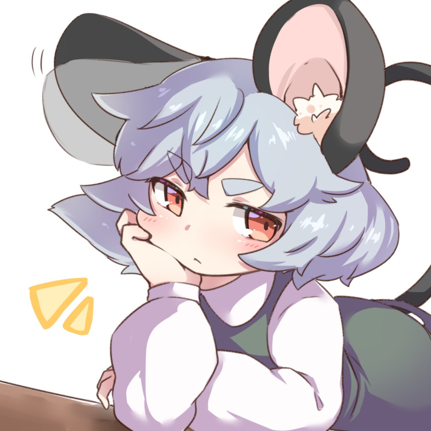 1girl animal_ear_fluff animal_ears black_dress blush commentary_request dress elbow_rest grey_hair highres leaning_forward long_sleeves looking_at_viewer mouse_ears mouse_tail nazrin red_eyes shirt short_hair simple_background solo tail take_no_ko_(4919400) thick_eyebrows touhou upper_body white_background white_shirt