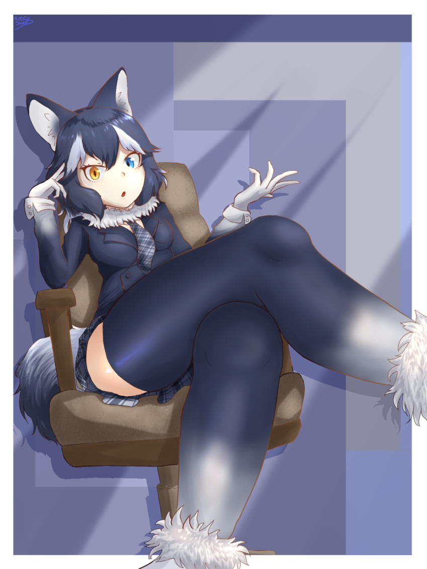 1girl animal_ears artist_request black_hair blue_eyes breasts crossed_legs fur_collar gradient gradient_legwear grey_wolf_(kemono_friends) heterochromia highres kemono_friends looking_at_viewer medium_breasts multicolored_hair open_mouth plaid_neckwear sitting solo tail two-tone_hair white_background wolf_ears wolf_girl wolf_tail yellow_eyes