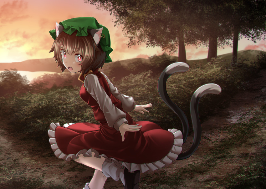 1girl :o animal_ear_fluff animal_ears arms_behind_back black_footwear bob_cut breasts bright_pupils brown_hair cat_ears cat_tail chen clouds cloudy_sky commentary eyebrows_visible_through_hair fang folded_leg foot_out_of_frame green_headwear hat highres jewelry kakutasu_(akihiron_cactus) lake leg_lift long_sleeves looking_at_viewer mob_cap mountain multiple_tails open_mouth outdoors petticoat red_eyes red_skirt red_vest shirt short_hair single_earring skirt sky small_breasts solo standing standing_on_one_leg tail touhou tree twilight vest white_legwear white_pupils white_shirt