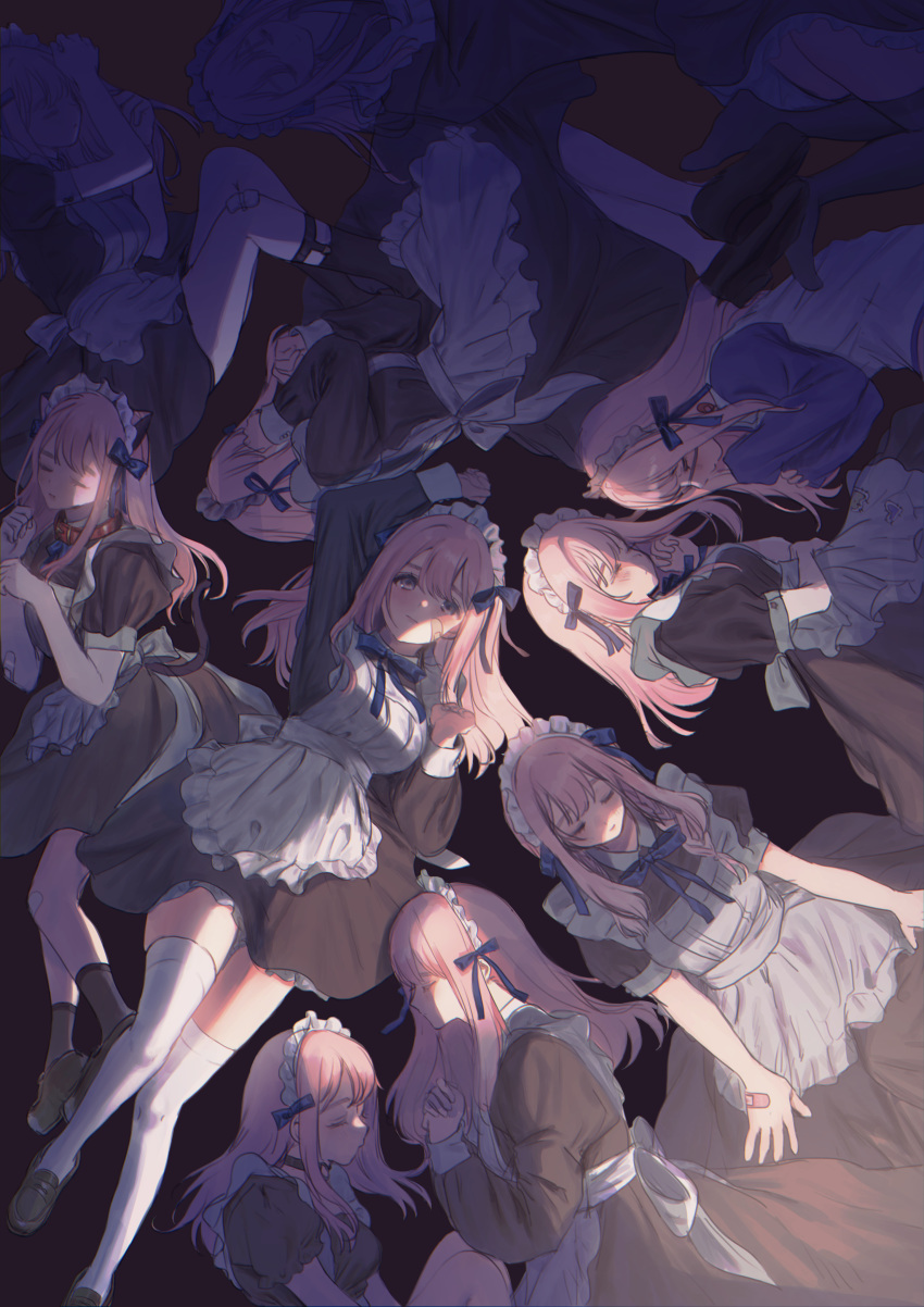 6+girls absurdres animal_ears apron arm_up bandaid bangs black_dress black_legwear blue_neckwear blue_ribbon blush breasts cat_ears cat_tail closed_eyes collar covered_face dark dress fetal_position hair_ribbon hand_on_own_face highres injury long_hair long_sleeves looking_at_viewer lying maid maid_apron maid_headdress multiple_girls neck_ribbon no_shoes on_back on_side original out_of_frame pantyhose pinafore_dress pink_hair profile puffy_short_sleeves puffy_sleeves ribbon short_sleeves simple_background sock_garters tail thigh-highs white_apron white_legwear youichi_(45_01)