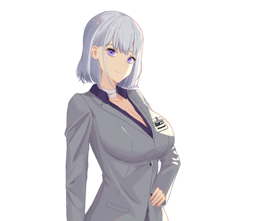 1girl badge blazer breasts business_suit choker closed_mouth eyebrows_visible_through_hair formal girls_frontline grey_blazer hand_on_own_stomach hanser highres jacket large_breasts looking_at_viewer medium_hair purple_shirt rpk-16_(girls_frontline) shirt silver_hair smile solo suit violet_eyes white_background