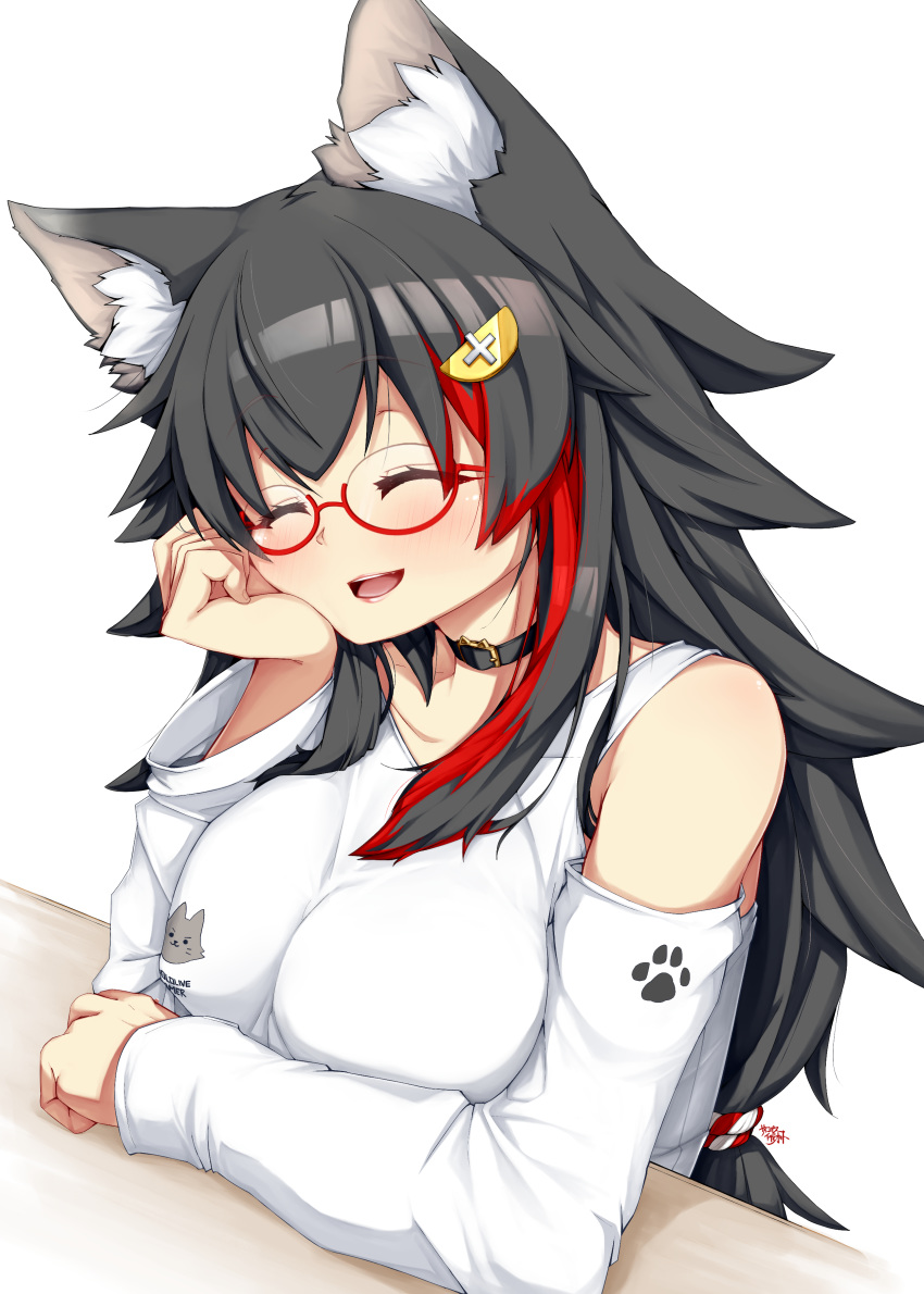 1girl :d ^_^ absurdres animal_ear_fluff animal_ears bangs bare_shoulders black_choker black_hair blush breasts chin_rest choker closed_eyes commentary detached_sleeves eyebrows_visible_through_hair facing_viewer glasses hair_ornament hairclip highres hololive large_breasts long_hair multicolored_hair ookami_mio open_mouth psychopath_idiot red-framed_eyewear redhead semi-rimless_eyewear simple_background smile solo streaked_hair two-tone_hair under-rim_eyewear upper_body virtual_youtuber white_background wolf_ears wolf_girl
