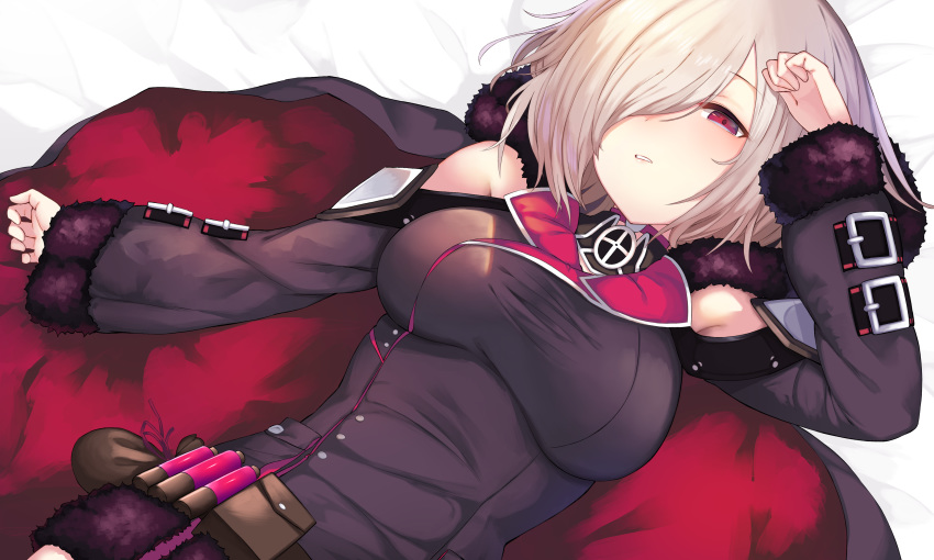 1girl absurdres bangs bare_shoulders blush breasts cape choker fur_trim hair_over_one_eye highres hood hoodie large_breasts long_sleeves looking_at_viewer lying on_back parted_lips shadowverse shingeki_no_bahamut short_hair shoulder_cutout solo taut_clothes violet_eyes white_hair wizardess_of_oz yamato_(muchuu_paradigm)