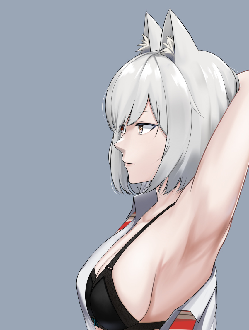 1girl animal_ears armpits black_bra bra breasts closed_mouth commission eyebrows_visible_through_hair hand_on_head heterochromia highres looking_away medium_breasts medium_hair open_clothes original profile red_eyes silver_hair simple_background solo sweatdrop tewaki underwear yellow_eyes