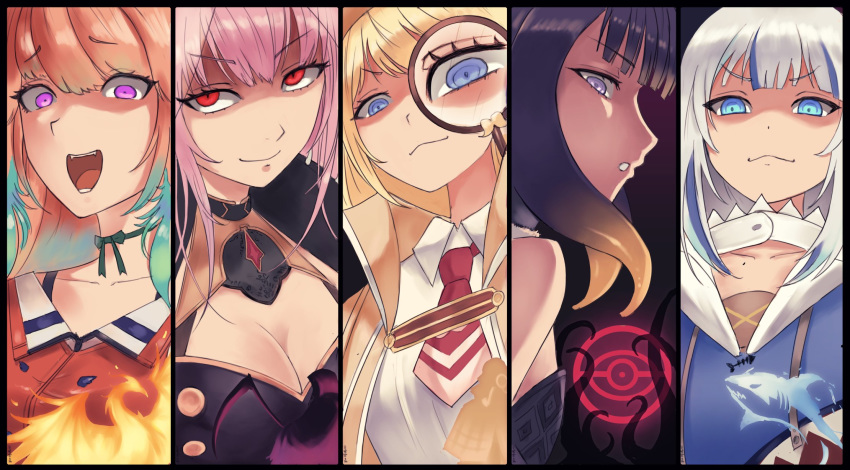 &gt;:) 5girls :d ark_ford bird blonde_hair breasts coat collared_shirt constricted_pupils death_(entity) detective dress_shirt eyebrows_visible_through_hair fire gawr_gura gesugao grim_reaper hair_between_eyes highres hololive hololive_english looking_at_viewer looking_behind magnification magnifying_glass mori_calliope multiple_girls necktie ninomae_ina'nis open_mouth orange_hair phoenix pink_hair purple_hair red_neckwear shaded_face shark shirt smile smirk smug sneer takanashi_kiara tentacle_hair v-shaped_eyebrows violet_eyes watson_amelia white_hair