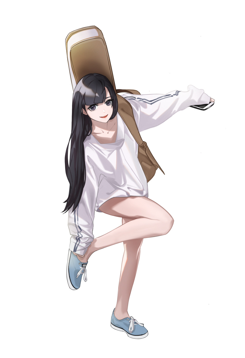 1girl arm_up bangs bare_legs black_eyes black_hair blue_footwear brown_bag collarbone commentary_request full_body highres himmel_(allsky83) holding holding_phone long_hair long_sleeves looking_at_viewer open_mouth original oversized_clothes phone shoes simple_background sleeves_past_wrists smile solo standing standing_on_one_leg tachi-e white_background