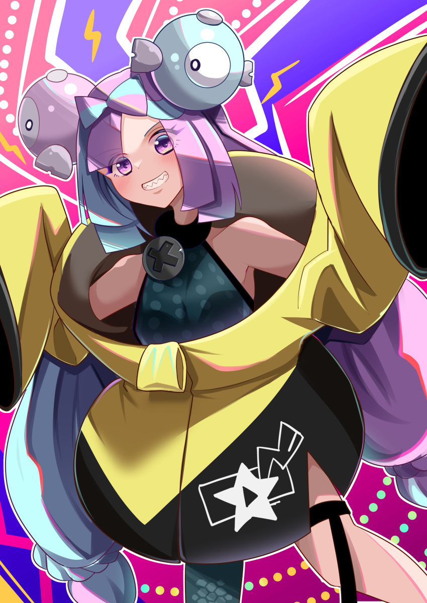 1girl absurdres bow-shaped_hair emulume grey_pantyhose hexagon_print highres iono_(pokemon) jacket multicolored_hair oversized_clothes pantyhose pink_hair pokemon pokemon_(game) pokemon_sv sharp_teeth shirt single_leg_pantyhose sleeveless sleeveless_shirt sleeves_past_fingers sleeves_past_wrists solo teeth twintails very_long_sleeves x yellow_jacket