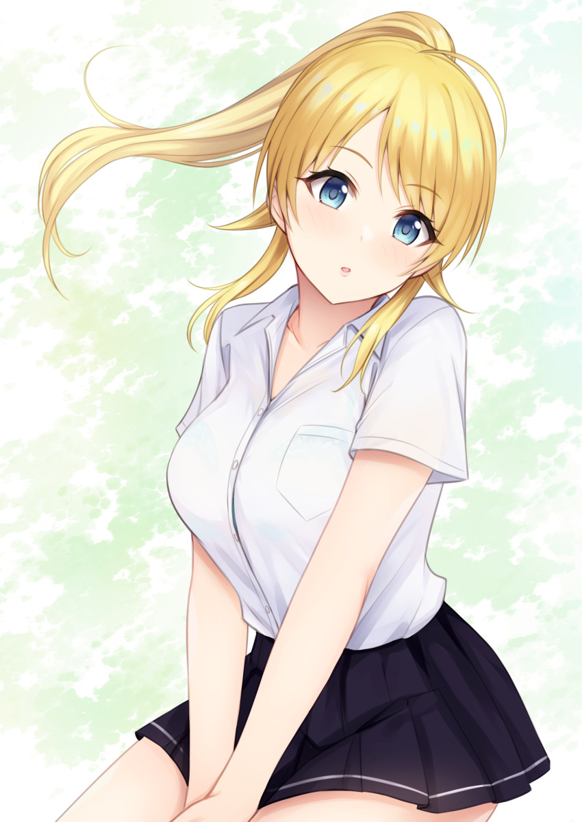 1girl :o absurdres bangs between_legs black_skirt blonde_hair blue_eyes blush bralines breast_pocket breasts collar collarbone collared_shirt eyebrows_visible_through_hair green_background hachimiya_meguru hand_between_legs high_ponytail highres idolmaster idolmaster_shiny_colors light_blush long_hair looking_at_viewer medium_breasts miyar2d2 open_mouth pleated_skirt pocket ponytail shirt shirt_tucked_in short_sleeves sidelocks sitting skirt solo white_collar white_shirt