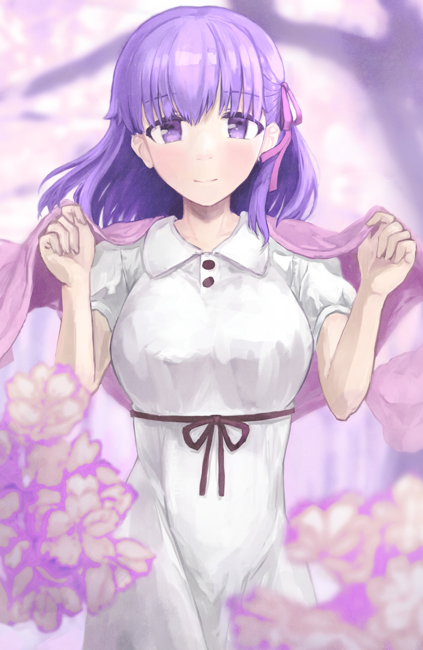 1girl 5month7day absurdres bangs black_ribbon blurry blurry_background blurry_foreground blush closed_mouth collared_dress cowboy_shot dress eyebrows_visible_through_hair fate/stay_night fate_(series) floating_hair flower highres long_hair looking_at_viewer matou_sakura pink_flower purple_hair rei_no_himo ribbon shiny shiny_hair short_sleeves smile solo standing sundress violet_eyes white_dress wing_collar