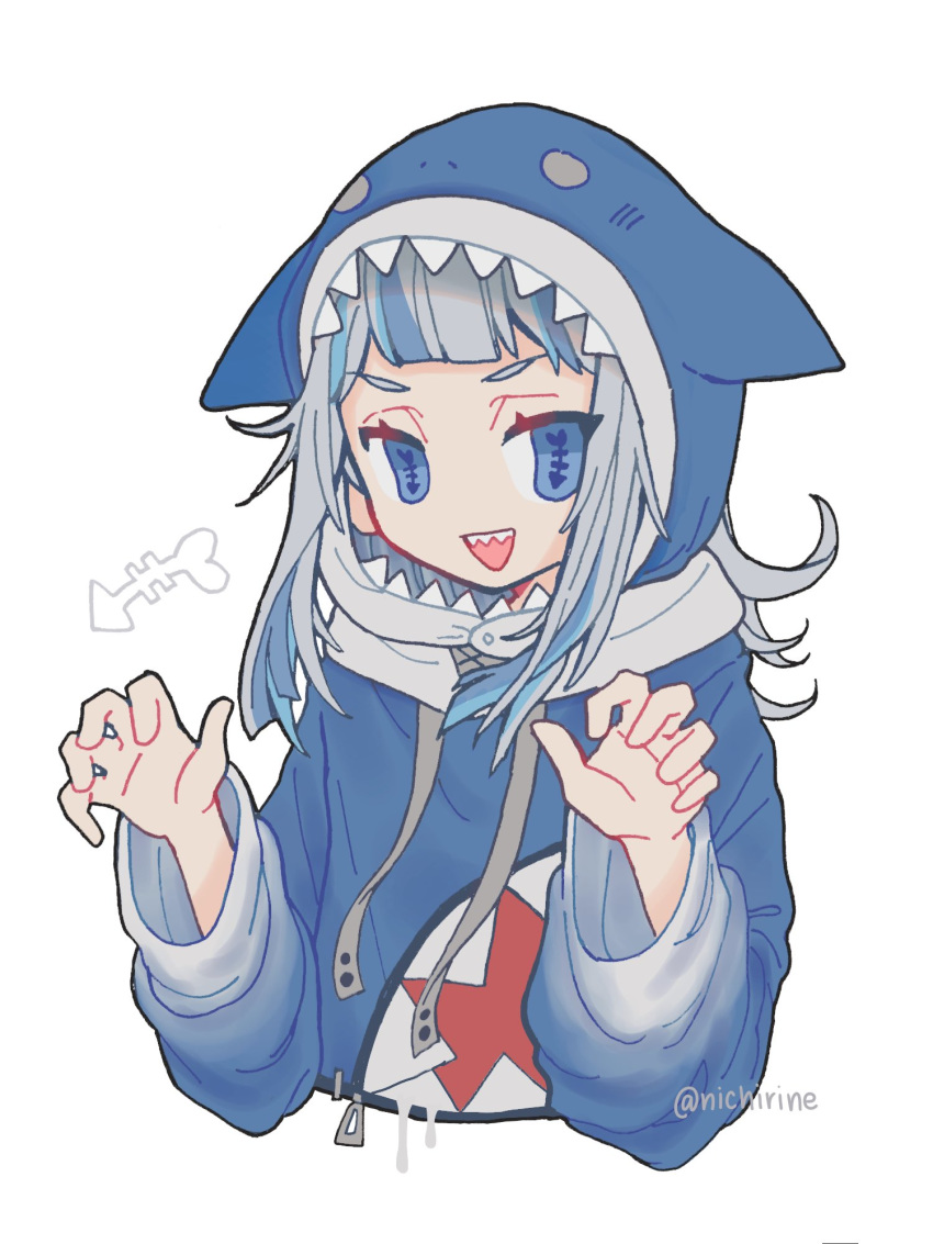 &gt;:) 1girl :d bangs blue_eyes blue_hoodie claw_pose cropped_torso drawstring fish_skeleton gawr_gura highres hololive hololive_english multicolored_hair nichirine open_mouth shark_hood sharp_teeth smile solo streaked_hair symbol-shaped_pupils teeth twitter_username upper_body virtual_youtuber white_background white_hair