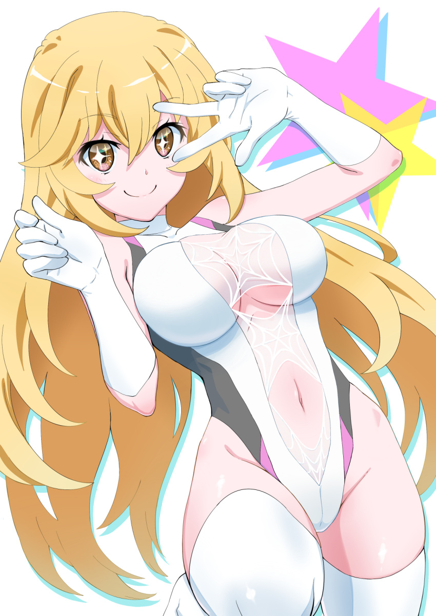 +_+ 1girl blonde_hair breasts brown_eyes casual_one-piece_swimsuit cowboy_shot ginmaru gloves highleg highleg_swimsuit highres large_breasts long_hair looking_at_viewer navel navel_cutout one-piece_swimsuit shokuhou_misaki solo spider_web_print starry_background swimsuit thigh-highs to_aru_kagaku_no_railgun to_aru_majutsu_no_index turtleneck white_background white_gloves white_legwear white_swimsuit