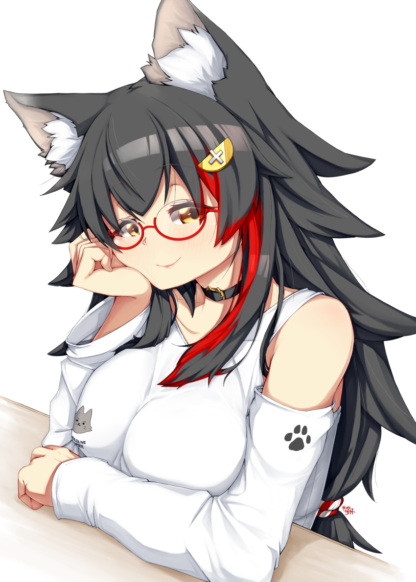 1girl absurdres animal_ear_fluff animal_ears bangs bare_shoulders black_choker black_hair breasts chin_rest choker commentary detached_sleeves eyebrows_visible_through_hair glasses hair_ornament hairclip highres hololive large_breasts long_hair looking_at_viewer multicolored_hair ookami_mio psychopath_idiot red-framed_eyewear redhead semi-rimless_eyewear simple_background smile solo streaked_hair two-tone_hair under-rim_eyewear upper_body virtual_youtuber white_background wolf_ears wolf_girl yellow_eyes