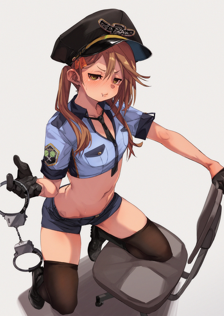 1girl :t between_breasts black_footwear black_gloves black_headwear black_shorts blue_shirt boots breast_pocket breasts brown_hair brown_legwear chair collared_shirt crop_top cuffs embarrassed frown fu-ta gloves green_eyes hair_ornament hairclip half_gloves handcuffs hat highres long_hair looking_at_viewer midriff navel necktie office_chair original pocket police police_hat police_uniform pout shirt shoes short_shorts short_sleeves shorts simple_background small_breasts solo stomach sweat sweatdrop thigh-highs thighs twintails uniform usami_taiga v-shaped_eyebrows white_background