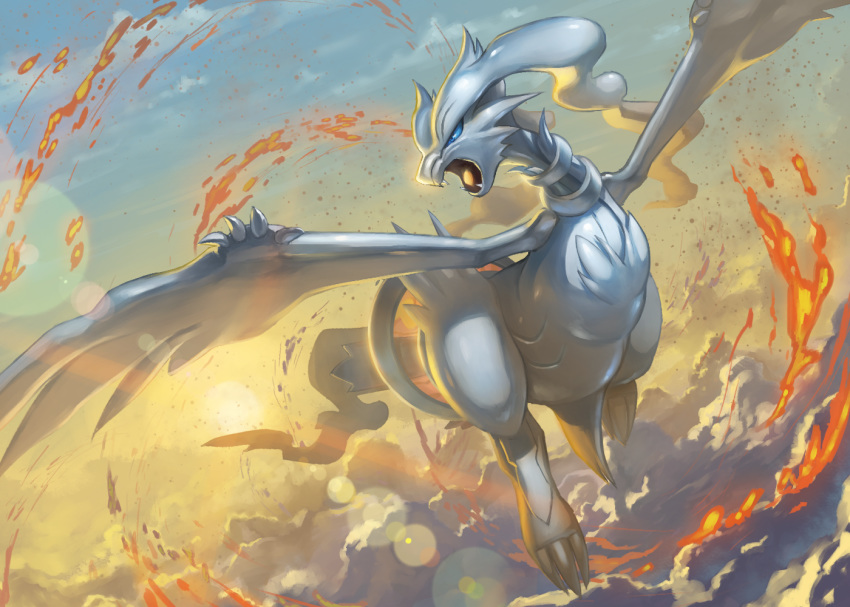 above_clouds claws clouds commentary fangs fire flying gen_5_pokemon legendary_pokemon lens_flare looking_to_the_side no_humans open_mouth outstretched_arms pokemon pokemon_(creature) reshiram sun supearibu tongue