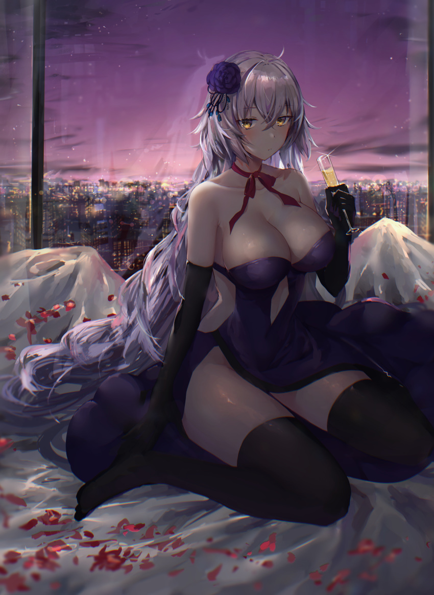 1girl absurdres ahoge bangs black_gloves black_legwear breasts cityscape cup dress drinking_glass elbow_gloves fate/grand_order fate_(series) flower gloves hair_flower hair_ornament highres hitomin_(ksws7544) holding holding_cup indoors jeanne_d'arc_(alter)_(fate) jeanne_d'arc_(fate)_(all) large_breasts long_hair purple_dress purple_flower silver_hair sitting solo strapless strapless_dress thigh-highs very_long_hair wariza window yellow_eyes