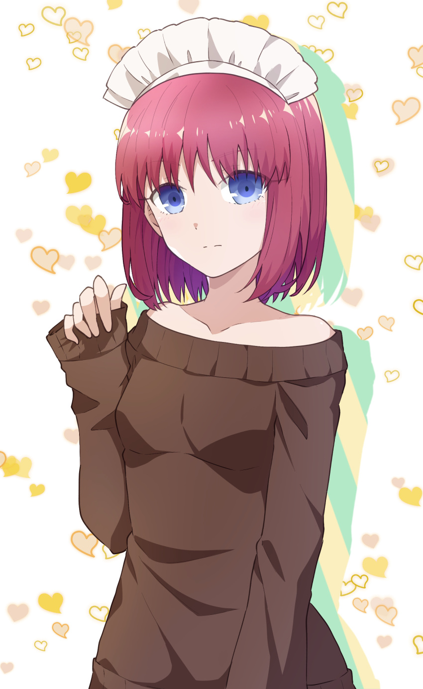 1girl absurdres azami_masurao bangs blue_eyes brown_sweater collarbone dress heart highres hisui long_sleeves looking_at_viewer maid_headdress off-shoulder_sweater off_shoulder redhead shiny shiny_hair short_hair sleeves_past_wrists solo standing sweater sweater_dress tsukihime white_background