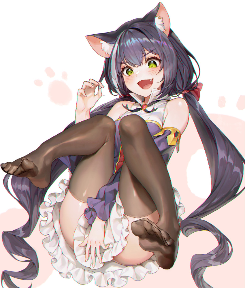 1girl absurdres animal_ear_fluff animal_ears black_hair black_kimono black_legwear cat_ears cat_tail detached_sleeves dress feet green_eyes highres innertube_with_ears jacket japanese_clothes karyl_(princess_connect!) kimono long_hair low_twintails multicolored_hair open_clothes open_mouth open_shorts pepperdevil princess_connect! princess_connect!_re:dive purple_jacket shorts sleeveless sleeveless_dress tail thigh-highs twintails