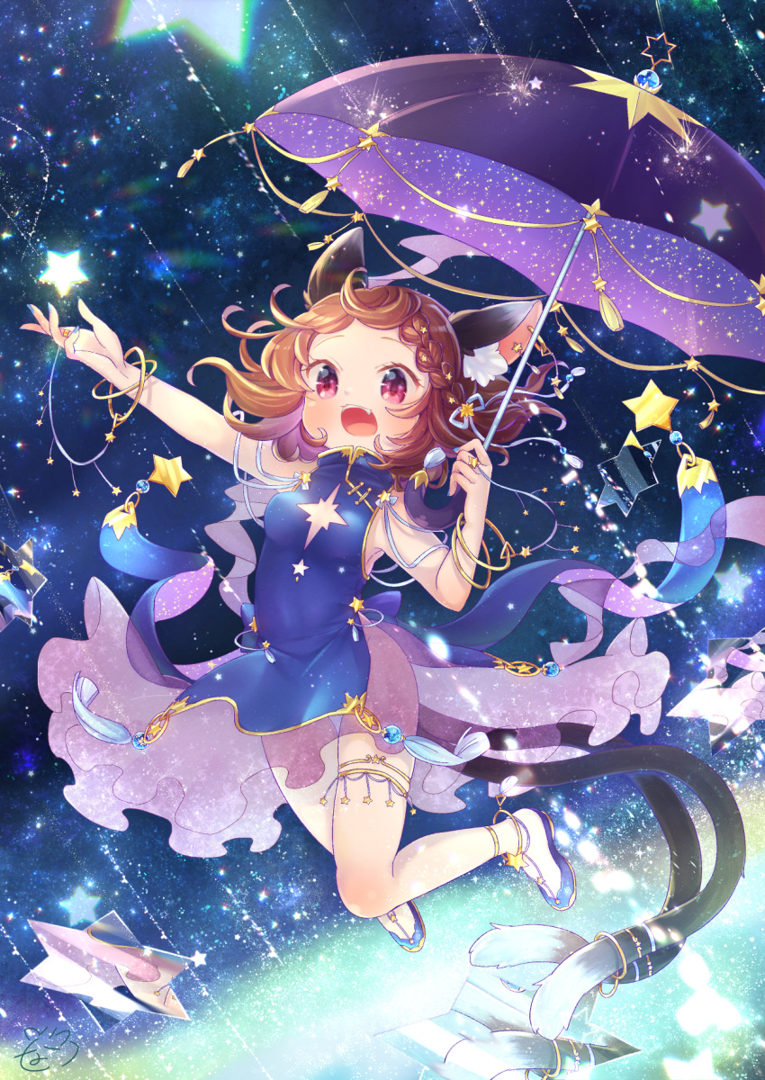 1girl alternate_costume animal_ears anklet blue_dress bracelet braid brown_hair cat_ears cat_girl cat_tail chen china_dress chinese_clothes commentary_request dress earrings falling_star fang fangs full_body gold_trim high_collar highres ibaraki_natou jewelry multiple_tails open_mouth outstretched_arm red_eyes shoes sleeveless sleeveless_dress solo star_(symbol) tail tassel thigh-highs touhou two_tails umbrella