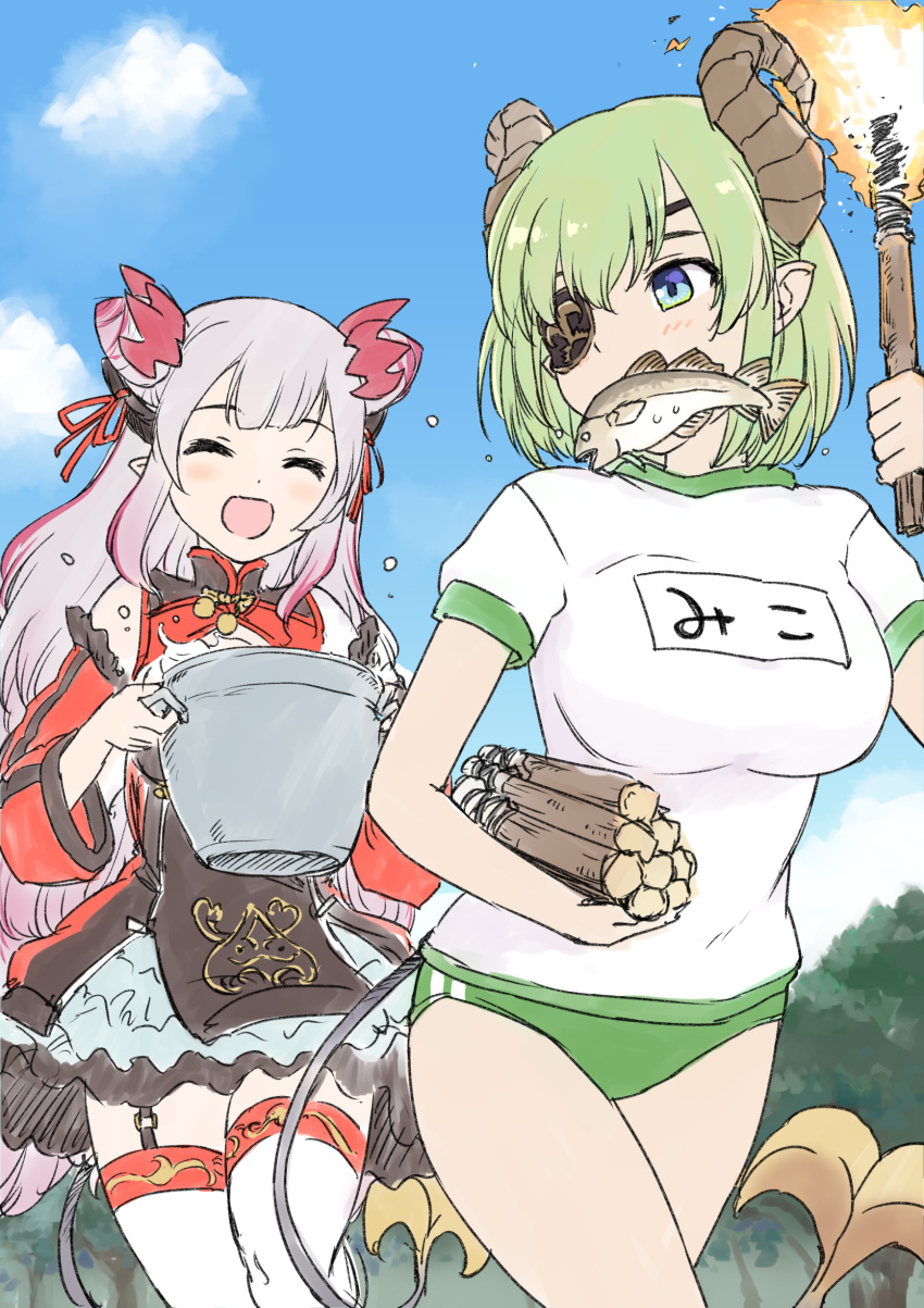 2girls absurdres alternate_costume breasts buruma closed_eyes commentary_request fish food_in_mouth green_buruma gym_uniform highres honey_strap horns jyaco large_breasts multiple_girls pot running sekishiro_mico sky suou_patra tail thigh-highs torch virtual_youtuber white_legwear wood