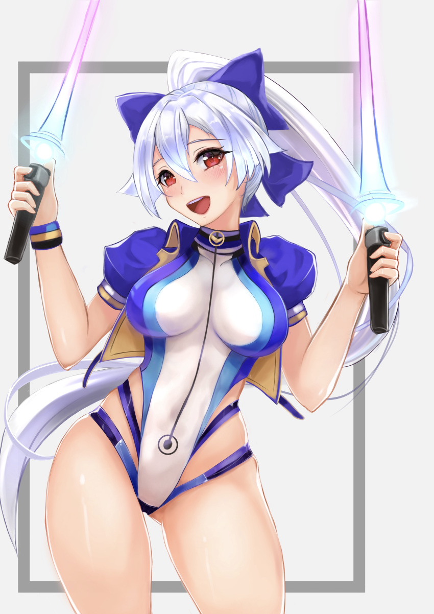 1girl :d absurdres blue_bow blue_jacket blush bow breasts competition_swimsuit cropped_jacket dual_wielding energy_sword fate/grand_order fate_(series) hair_between_eyes hair_bow highleg highleg_swimsuit highres holding holding_sword holding_weapon jacket medium_breasts moral-steel multicolored multicolored_clothes multicolored_swimsuit one-piece_swimsuit open_clothes open_jacket open_mouth ponytail red_eyes short_sleeves silver_hair smile striped_wristband swimsuit sword tomoe_gozen_(fate/grand_order) tomoe_gozen_(swimsuit_saber)_(fate) two-tone_swimsuit weapon