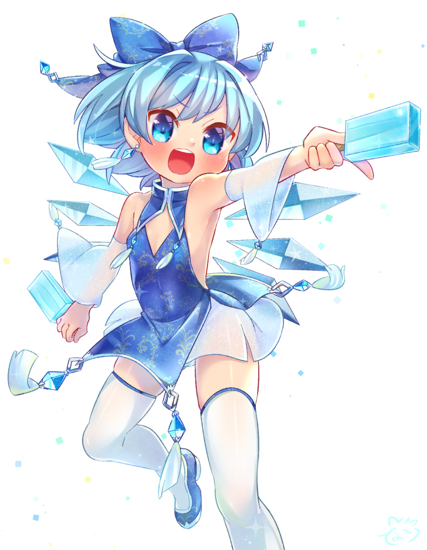 1girl bangs blue_bow blue_dress blue_eyes blue_hair bow china_dress chinese_clothes cirno commentary_request crystal crystal_earrings detached_sleeves dress dual_wielding earrings fairy_wings food hair_bow highres holding ibaraki_natou jewelry looking_away looking_to_the_side open_mouth popsicle shoes short_hair simple_background smile solo thigh-highs touhou white_background white_legwear wings