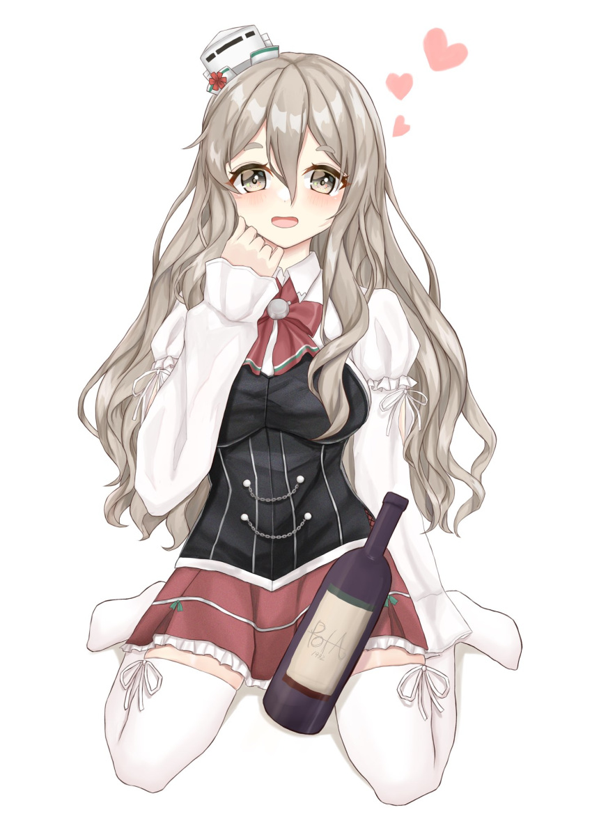 1girl bottle bow bowtie brown_eyes corset grey_hair hat highres kantai_collection mini_hat miniskirt namakarashi pleated_skirt pola_(kancolle) red_neckwear red_skirt shirt sitting skirt solo thick_eyebrows thigh-highs tilted_headwear wariza wavy_hair white_legwear white_shirt wine_bottle