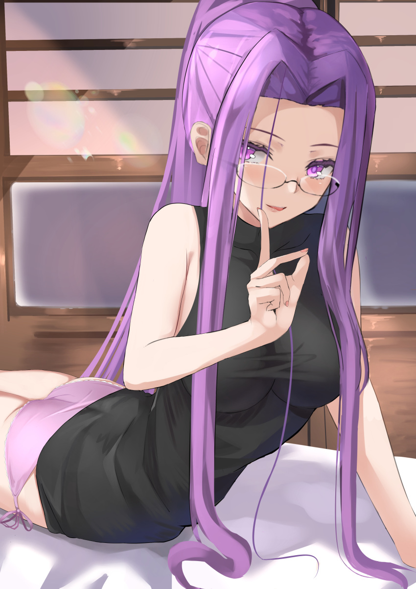 1girl absurdres ass bangs bare_shoulders black_shirt blush breasts fate/stay_night fate_(series) forehead glasses highres kesoshirou large_breasts long_hair looking_at_viewer lying on_stomach open_mouth panties parted_bangs pink_panties purple_hair rider shirt sidelocks smile underwear very_long_hair violet_eyes