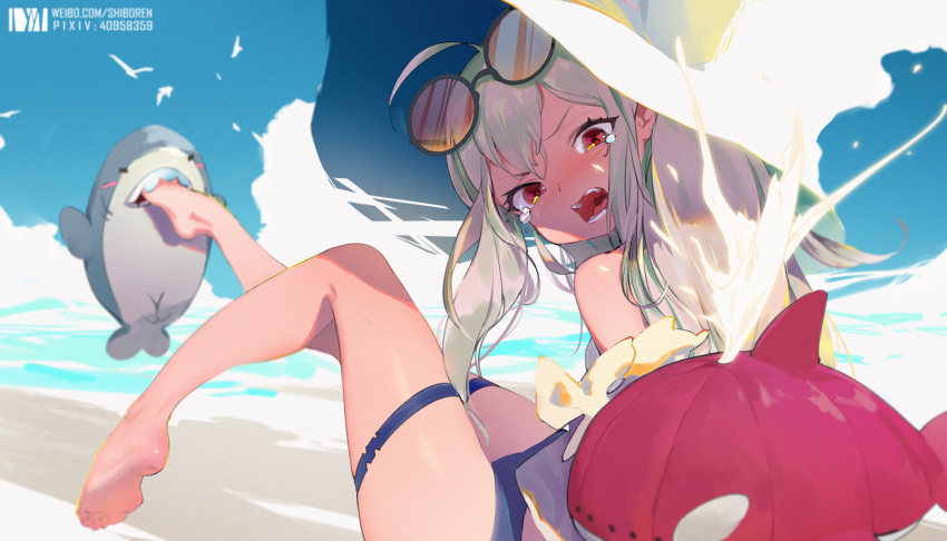 1girl arknights bangs bare_legs bare_shoulders barefoot biting blue_sky blush commentary_request dm_(dai_miao) eyewear_on_head highres inflatable_orca inflatable_toy long_hair looking_back open_mouth outdoors red_eyes shark silver_hair skadi_(arknights) sky solo sunglasses tears thigh_strap