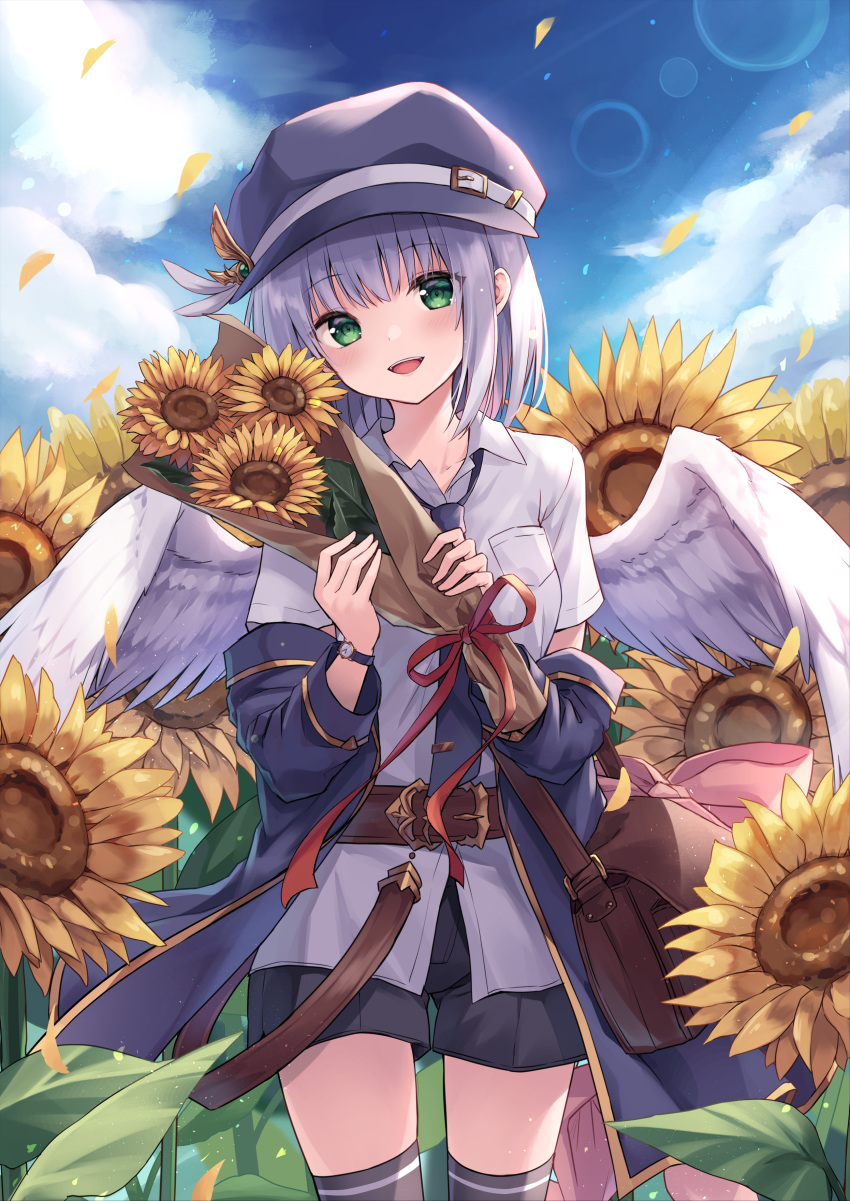 1girl :d absurdres angel_wings bag bangs belt belt_buckle black_coat black_headwear black_legwear black_shorts blue_sky blunt_bangs blush bouquet buckle clouds coat collared_shirt cowboy_shot day feathered_wings flower green_eyes hat_ornament head_tilt highres holding holding_bouquet kure~pu lens_flare long_sleeves looking_at_viewer off_shoulder open_clothes open_coat open_mouth original outdoors red_ribbon revision ribbon satchel shirt short_hair short_shorts shorts silver_hair sky smile solo sunflower sunflower_petals thigh-highs watch watch white_shirt white_wings wings yellow_flower