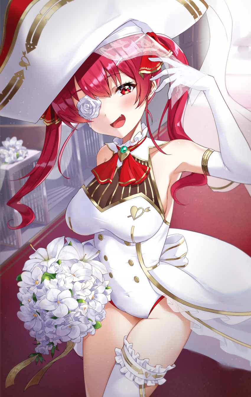 1girl ascot bangs bare_shoulders blush bouquet breasts bride choker dress elbow_gloves eyebrows_visible_through_hair eyepatch fang flower flower_eyepatch frilled_choker frills gloves hair_ribbon hat heart highres holding holding_bouquet hololive houshou_marine indoors large_breasts leg_garter leotard long_hair looking_at_viewer open_mouth pirate pn_(wnsl216) red_eyes red_hair red_ribbon redhead ribbon rose single_thighhigh sleeveless smile solo thigh-highs twintails veil virtual_youtuber wedding wedding_dress white_choker white_flower white_headwear white_legwear white_leotard white_rose