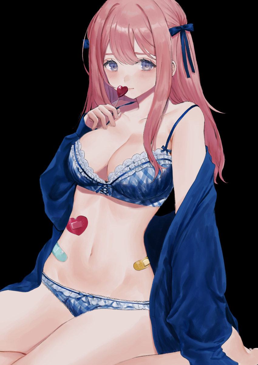 1girl absurdres bandaid bangs barefoot black_background blue_bra blue_eyes blue_jacket blue_panties blue_ribbon blush bra breast_suppress breasts closed_mouth collarbone food groin hair_ribbon heart_lollipop highres holding holding_food injury jacket large_breasts light_smile long_hair looking_at_viewer navel no_pants off_shoulder open_clothes open_jacket original panties pink_hair plaid plaid_bra plaid_panties ribbon simple_background sitting solo strap_slip underwear youichi_(45_01)
