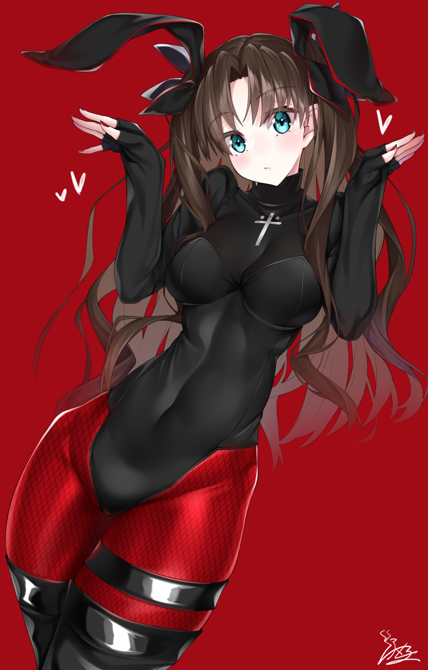 1girl animal_ears bangs black_footwear black_hair blue_eyes blush boots breasts commentary commentary_request fate/extra fate/extra_record fate_(series) green_eyes highres long_hair long_sleeves looking_at_viewer nail_polish pantyhose rabbit_ears red_background red_legwear red_nails thigh-highs thigh_boots thigh_strap tohsaka_rin twintails watosu