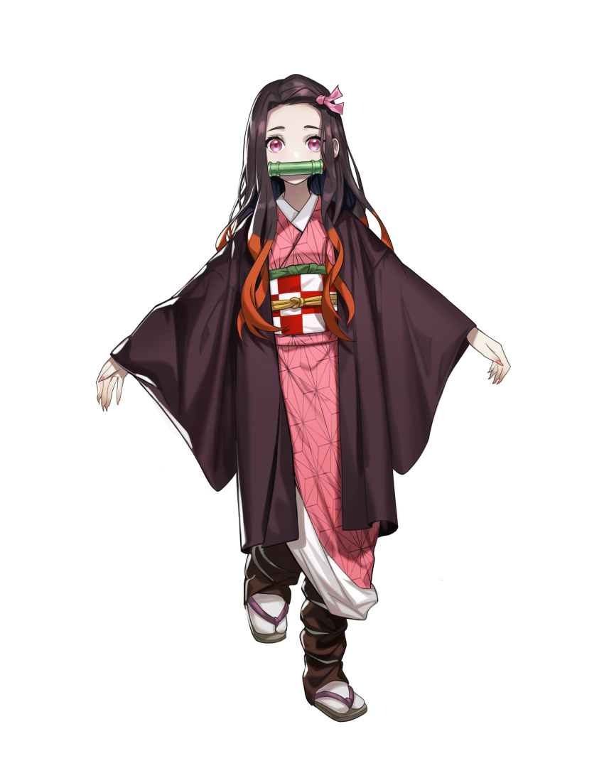 1girl absurdres bamboo bit_gag black_hair brown_footwear brown_hair commentary_request fingernails forehead full_body gag gradient_hair hair_ribbon haori highres himmel_(allsky83) japanese_clothes kamado_nezuko kimetsu_no_yaiba kimono long_hair long_sleeves looking_at_viewer mouth_hold multicolored_hair obi outstretched_arms pink_eyes pink_kimono pink_ribbon ribbon sash sharp_fingernails simple_background solo standing tabi tachi-e two-tone_hair very_long_hair white_background wide_sleeves zouri