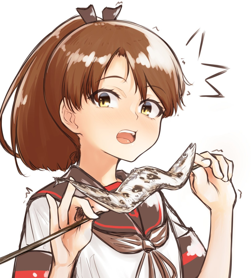 /\/\/\ 1girl black_sailor_collar brown_eyes brown_hair brown_neckwear commentary_request fish highres kantai_collection looking_at_viewer neckerchief ohazuke open_mouth ponytail remodel_(kantai_collection) sailor_collar saury school_uniform serafuku shikinami_(kantai_collection) shioyaki short_hair simple_background skewer solo white_background