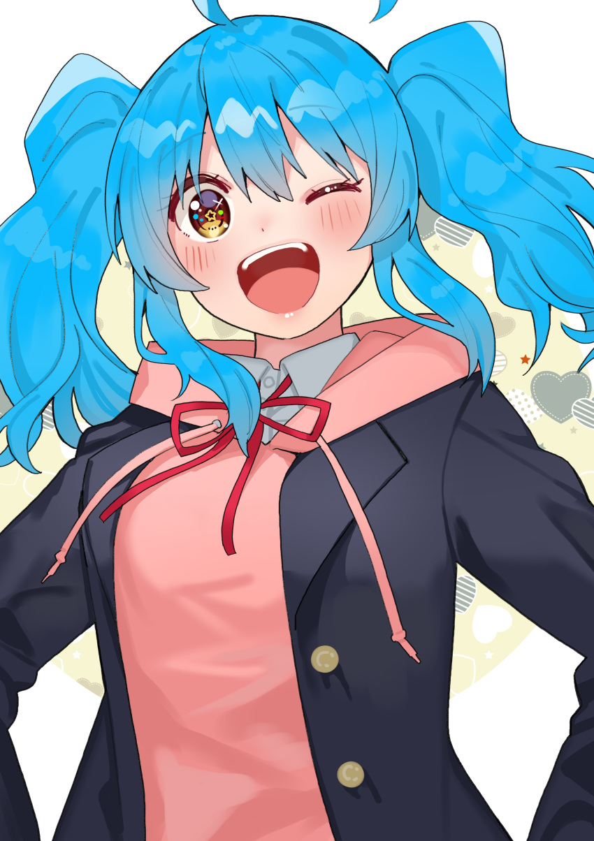 1girl absurdres ahoge bangs blazer blue_hair brown_eyes drawstring highres hood hood_down hoodie hoshino_mea jacket long_hair long_sleeves one_eye_closed open_blazer open_clothes open_jacket open_mouth pink_hoodie smile solo star-shaped_pupils star_(symbol) symbol-shaped_pupils tonari_no_kai_keruberosu twintails upper_body virtual_youtuber yumemizaka_gakuin