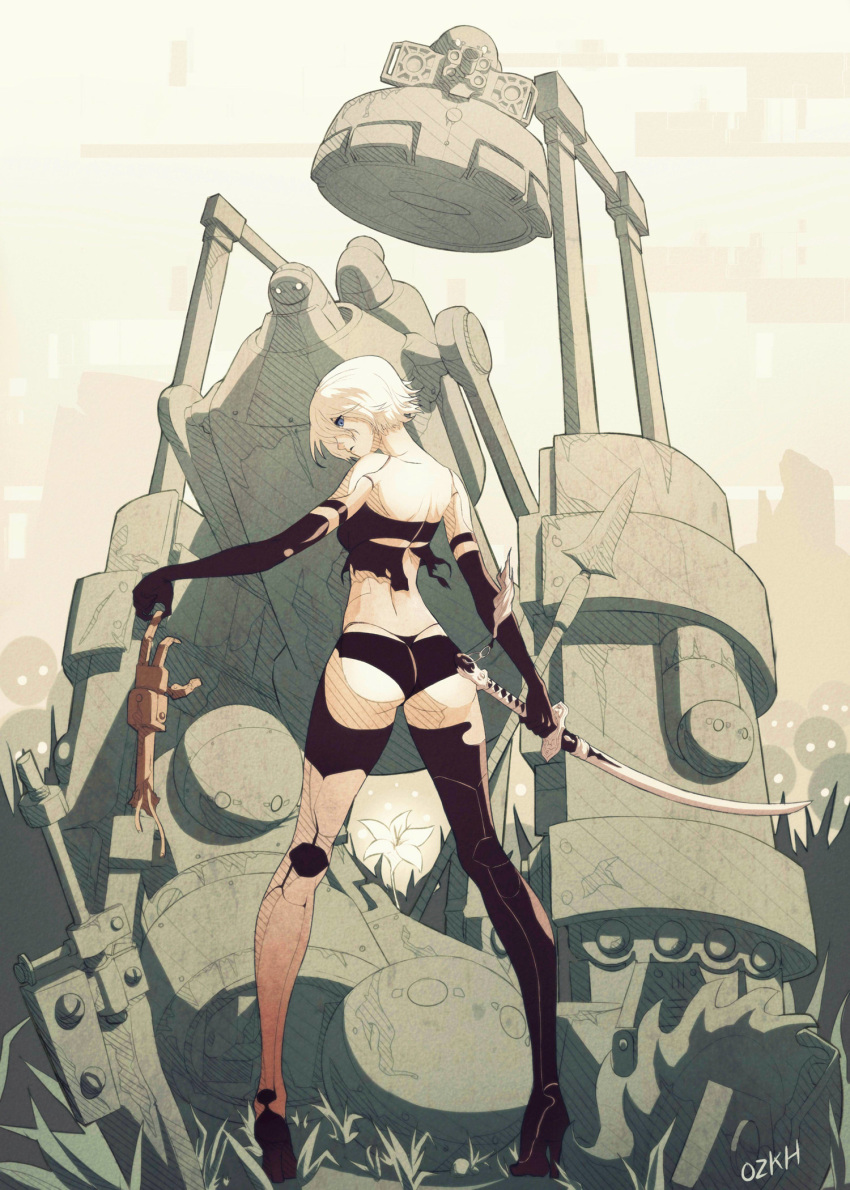 1girl after_battle back elbow_gloves from_behind gloves high_heels highres joints looking_at_viewer looking_back machine_(nier) nier_(series) nier_automata ozkh6 robot robot_joints short_hair short_shorts shorts silver_hair standing sword thong weapon yorha_type_a_no._2