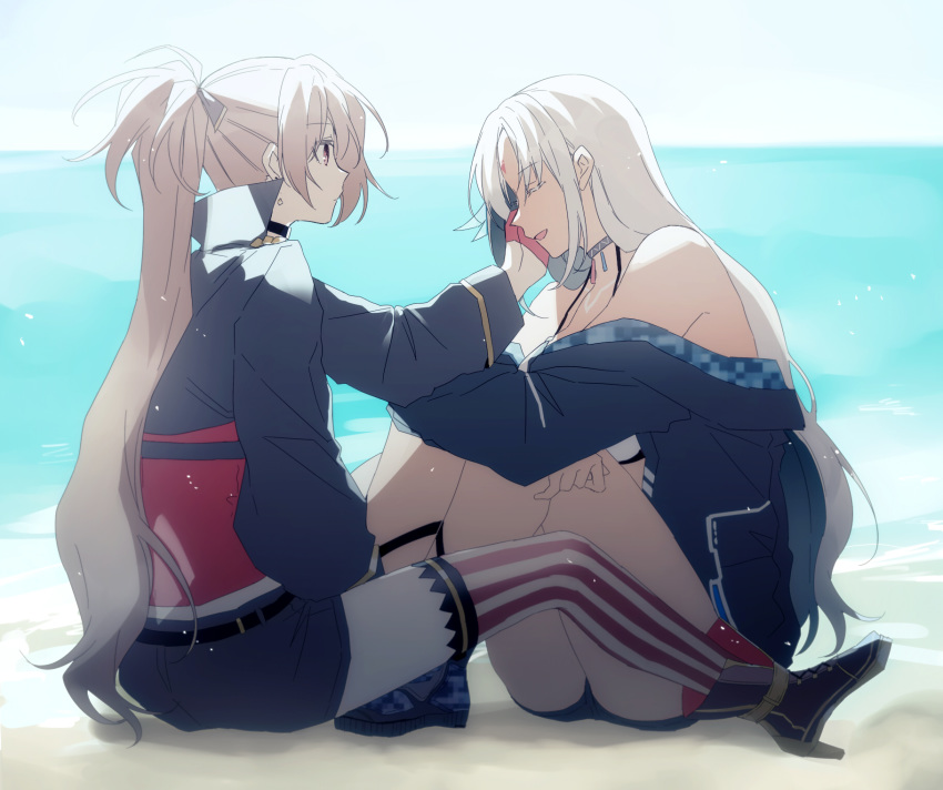 2girls amazuki_jou asymmetrical_footwear azur_lane bikini bikini_top body_markings bodypaint choker dark_skin earrings facial_mark feather_hair_ornament feathers forehead_mark gloves hair_feathers half_gloves highres jean_bart_(azur_lane) jewelry light_brown_hair long_hair massachusetts_(azur_lane) multiple_girls native_american ponytail short_shorts shorts swimsuit thighlet white_hair yuri