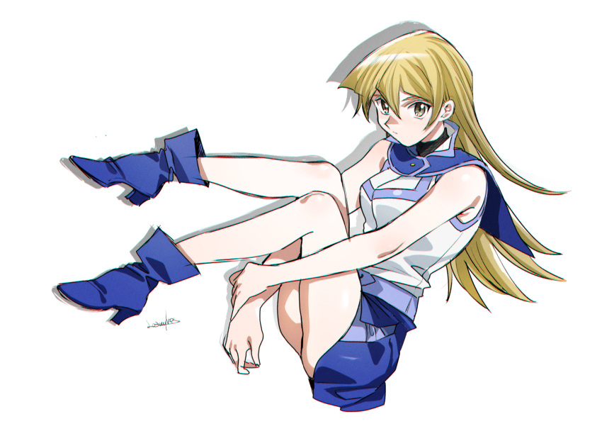 1girl 203wolves ankle_boots bangs bare_arms bare_shoulders blonde_hair blue_footwear blue_skirt boots breasts buttons closed_mouth commentary_request duel_academy_uniform_(yuu-gi-ou_gx) full_body high_heels highres long_hair looking_at_viewer medium_breasts miniskirt sailor_collar shadow shiny shiny_hair shiny_skin signature simple_background skirt sleeveless tenjouin_asuka thighs turtleneck uniform yellow_eyes yuu-gi-ou yuu-gi-ou_gx